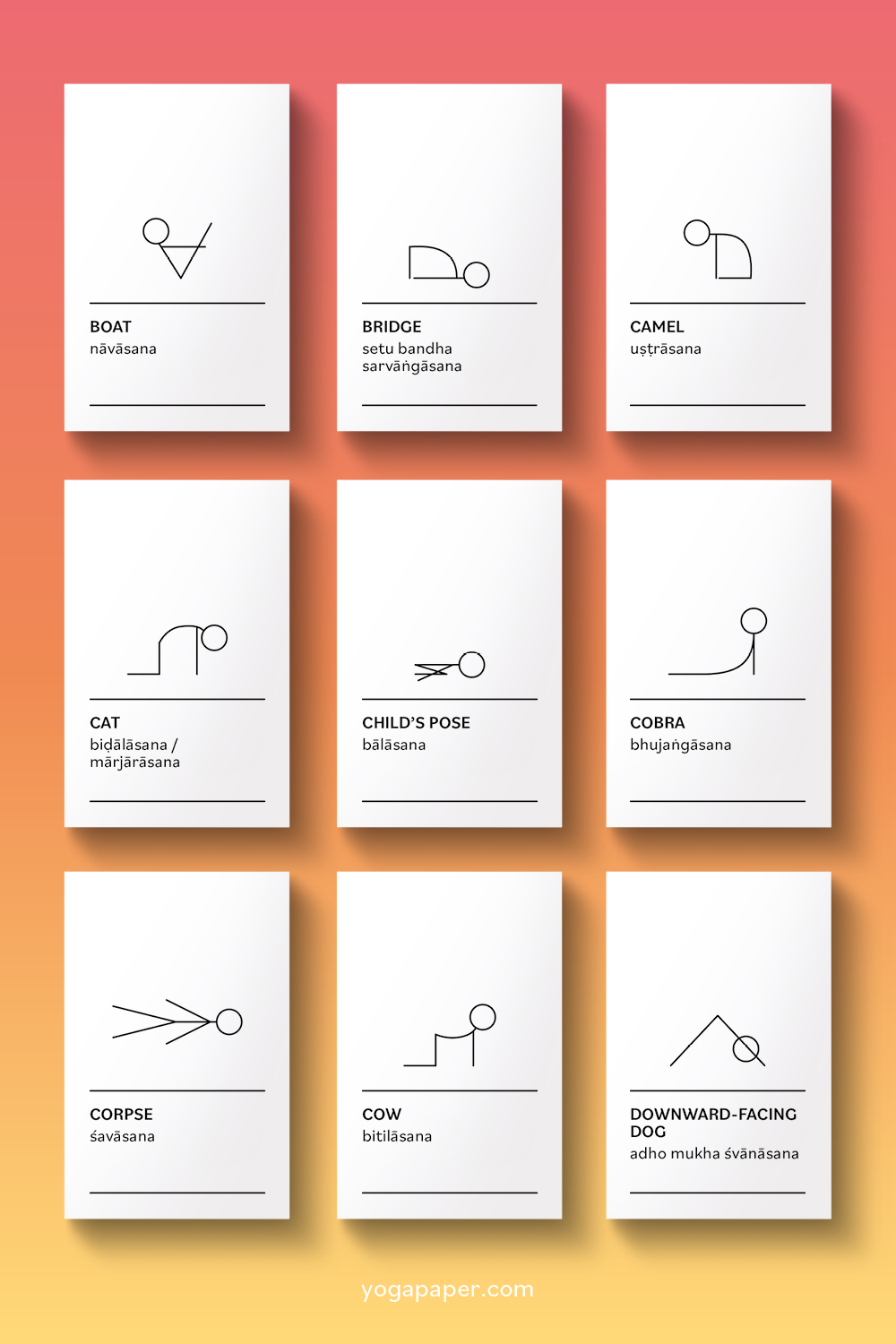Printable Yoga Cards With Stick-Figures - Yoga Paper